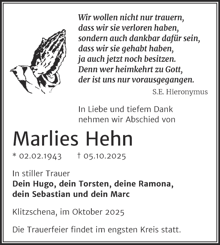  Traueranzeige für Marlies Hehn vom 18.10.2025 aus Trauerkombi Wittenberg