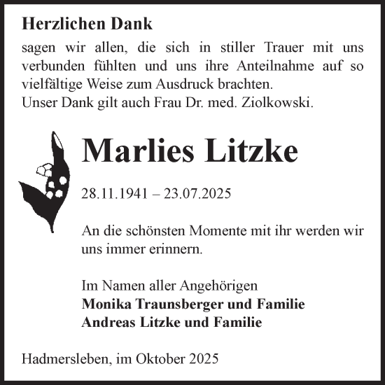Traueranzeige von Marlies Litzke von Volksstimme Oschersleben/Wanzleben