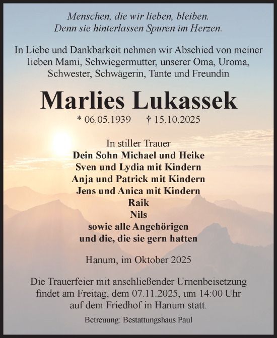 Traueranzeige von Marlies Lukassek von Volksstimme Altmark West