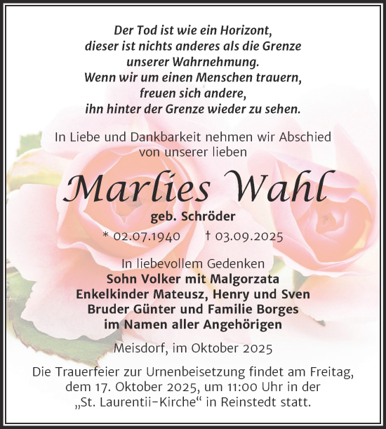 Traueranzeige von Marlies Wahl von Trauerkombi Quedlinburg