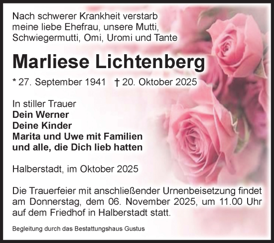 Traueranzeige von Marliese Lichtenberg von Volksstimme Halberstadt