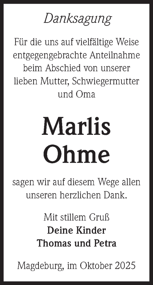 Traueranzeige von Marlis Ohme von Volksstimme Magdeburg