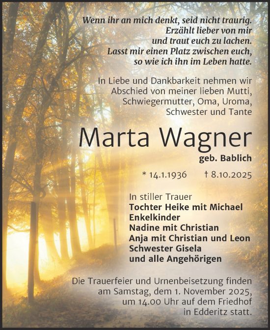 Traueranzeige von Marta Wagner von Trauerkombi Köthen