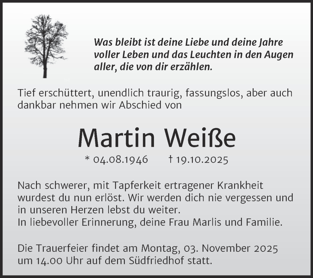  Traueranzeige für Martin Weiße vom 25.10.2025 aus Mitteldeutsche Zeitung Halle/Saalkreis