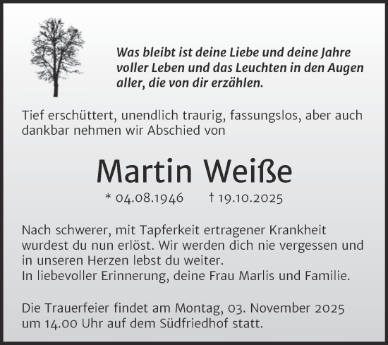 Traueranzeige von Martin Weiße von Mitteldeutsche Zeitung Halle/Saalkreis