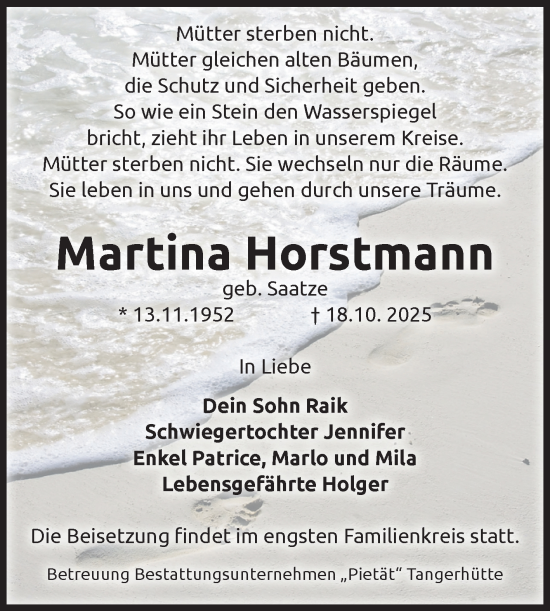 Traueranzeige von Martina Horstmann von Volksstimme Altmark Ost