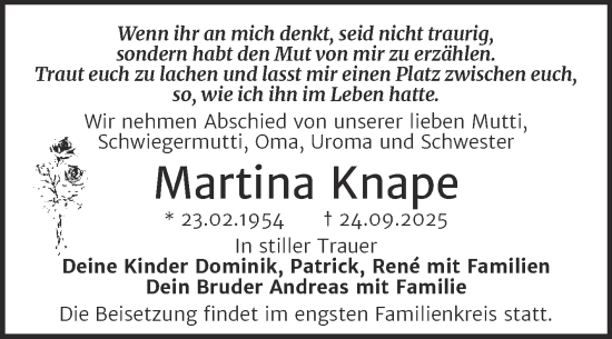 Traueranzeige von Martina Knape von Trauerkombi Dessau