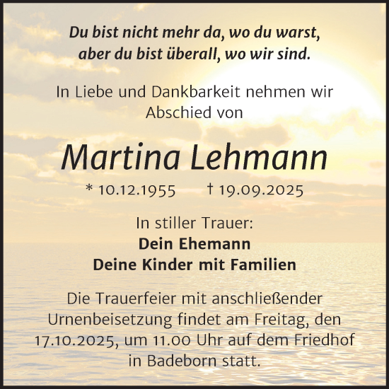 Traueranzeige von Martina Lehmann von Trauerkombi Quedlinburg