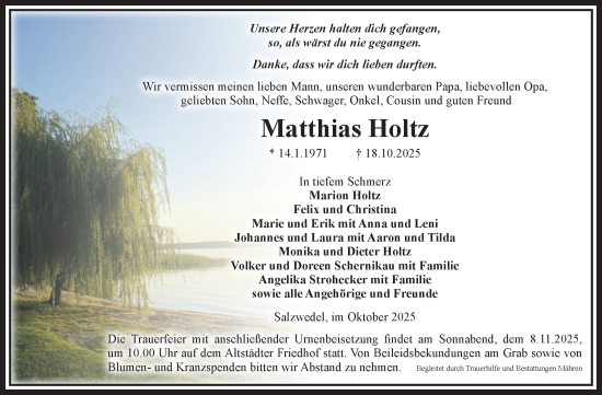 Traueranzeige von Matthias Holtz von Volksstimme Altmark West