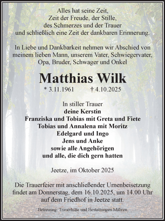 Traueranzeige von Matthias Wilk von Volksstimme Altmark West