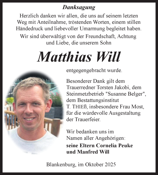 Traueranzeige von Matthias Will von Trauerkombi Quedlinburg