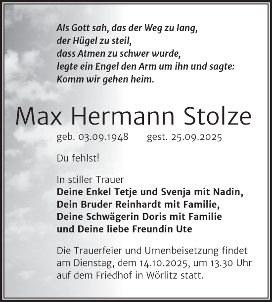 Traueranzeige von Max Hermann Stolze von Trauerkombi Wittenberg