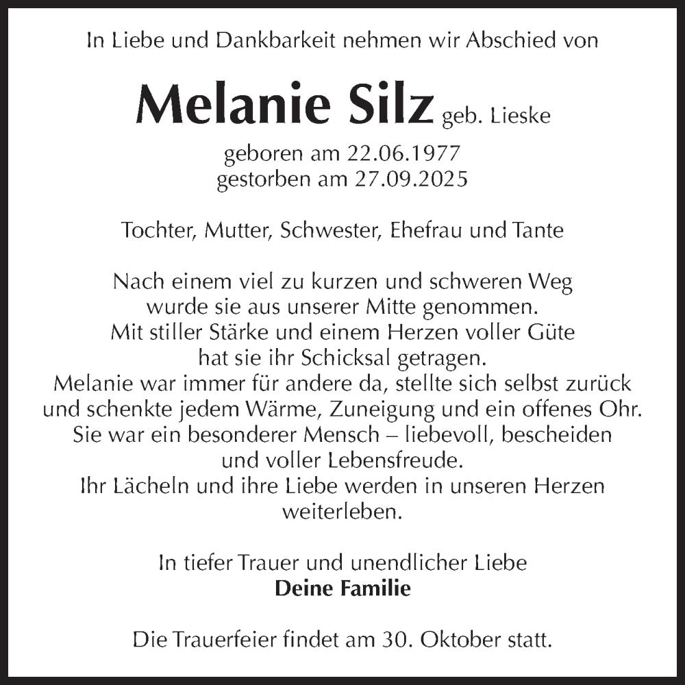  Traueranzeige für Melanie Silz vom 18.10.2025 aus Volksstimme Magdeburg