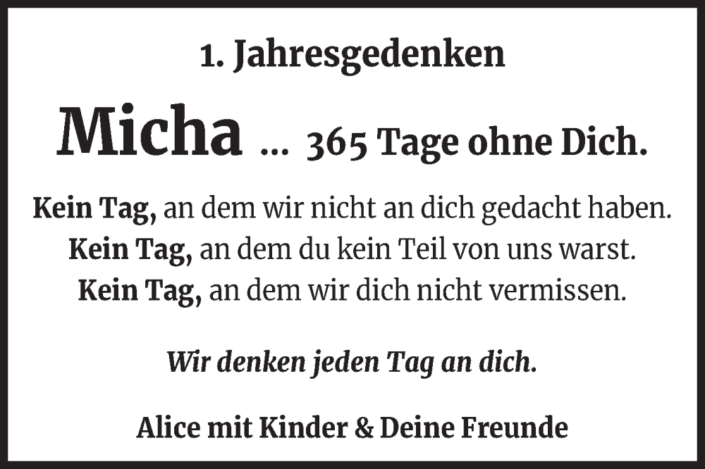  Traueranzeige für Micha  vom 16.10.2025 aus Trauerkombi Köthen