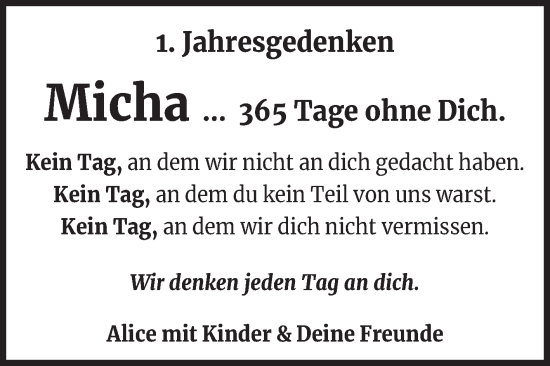 Traueranzeige von Micha  von Trauerkombi Köthen