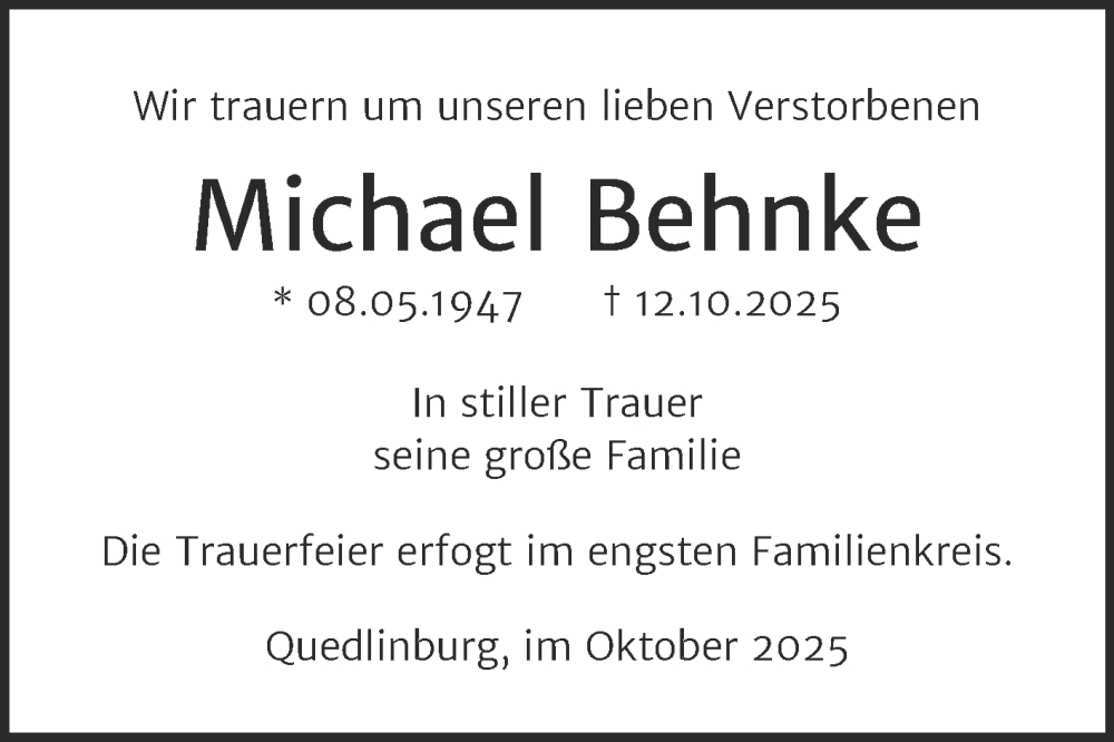  Traueranzeige für Michael Behnke vom 25.10.2025 aus Trauerkombi Quedlinburg