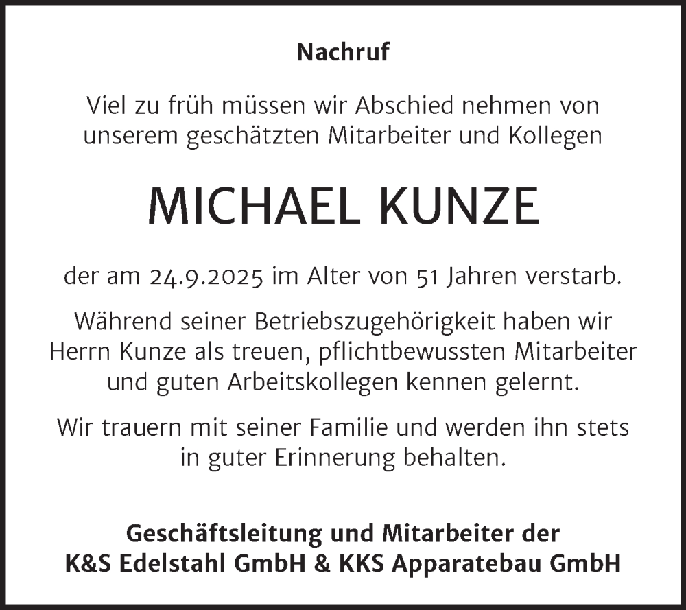  Traueranzeige für Michael Kunze vom 11.10.2025 aus Super Sonntag Merseburg/Querfurt