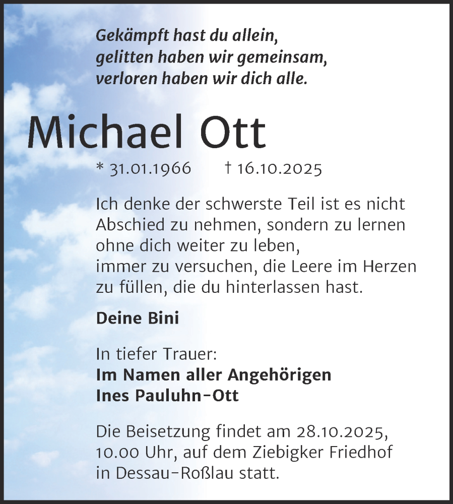  Traueranzeige für Michael Ott vom 25.10.2025 aus Trauerkombi Dessau