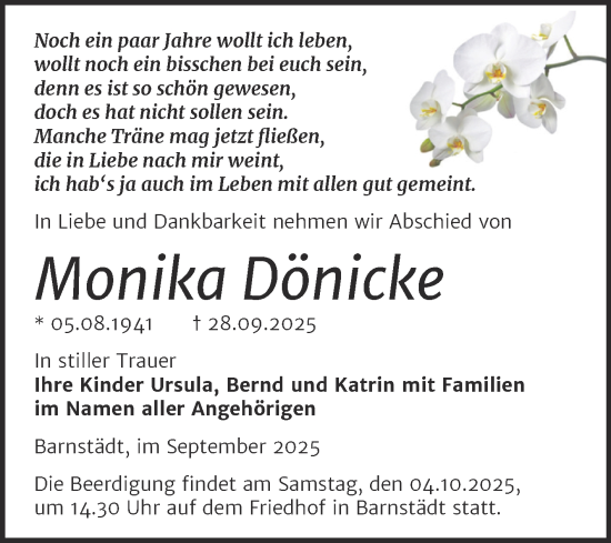 Traueranzeige von Monika Dönicke von Trauerkombi Merseburg