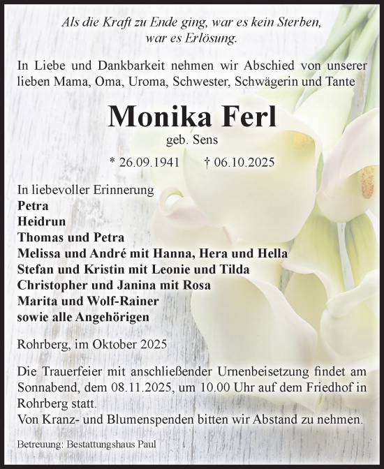 Traueranzeige von Monika Ferl von Volksstimme Altmark West