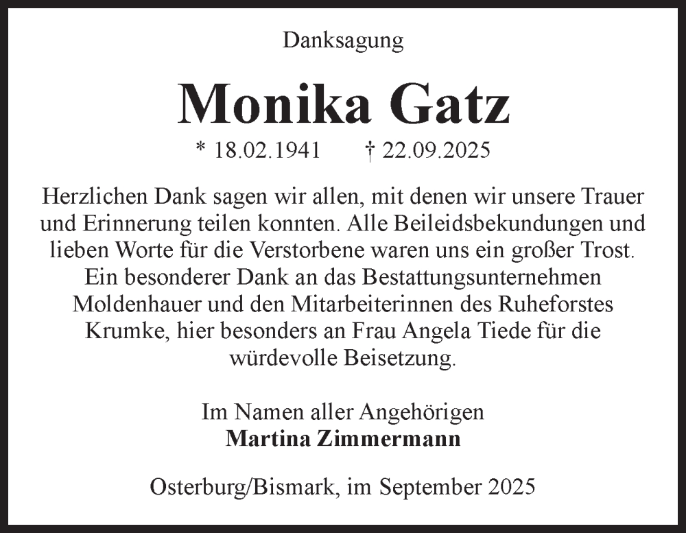  Traueranzeige für Monika Gatz vom 11.10.2025 aus Volksstimme Altmark Ost