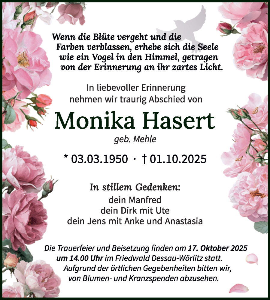  Traueranzeige für Monika Hasert vom 11.10.2025 aus Trauerkombi Wittenberg