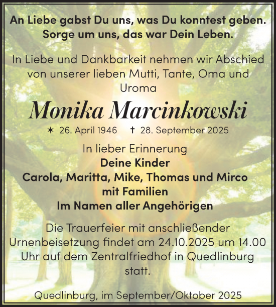Traueranzeige von Monika Marcinkowski von Trauerkombi Quedlinburg