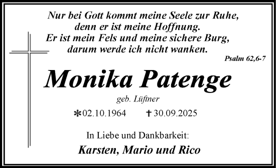 Traueranzeige von Monika Patenge von Trauerkombi Wittenberg