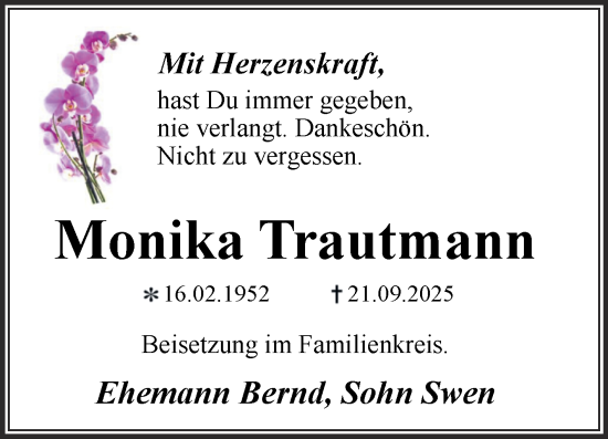 Traueranzeige von Monika Trautmann von Trauerkombi Dessau