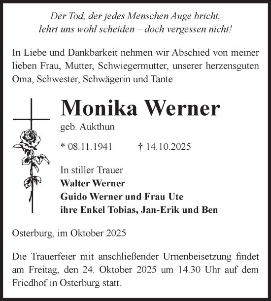 Traueranzeige von Monika Werner von Volksstimme Altmark Ost