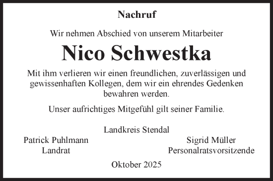 Traueranzeige von Nico Schwestka von Volksstimme Burg/Genthin