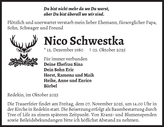 Traueranzeige von Nico Schwestka 