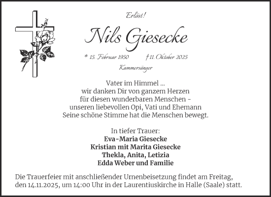 Traueranzeige von Nils Giesecke von Mitteldeutsche Zeitung Halle/Saalkreis