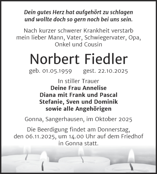 Traueranzeige von Norbert Fiedler von Trauerkombi Sangerhausen