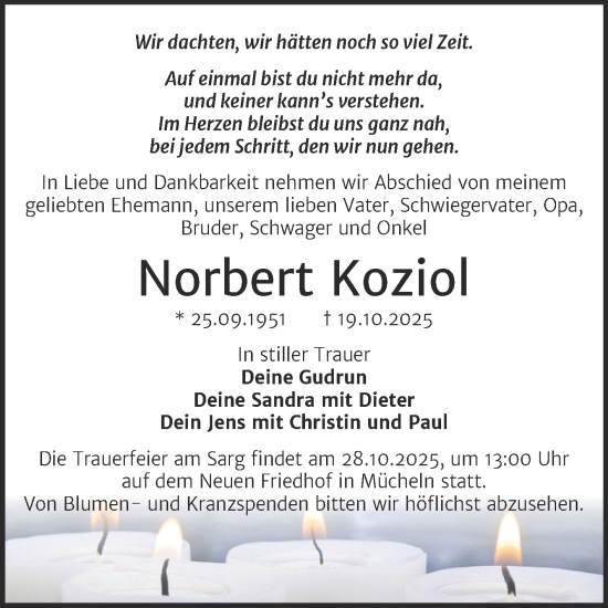 Traueranzeige von Norbert Koziol von Trauerkombi Merseburg