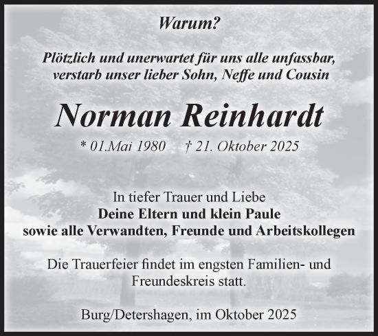 Traueranzeige von Norman Reinhardt von Volksstimme Burg/Genthin