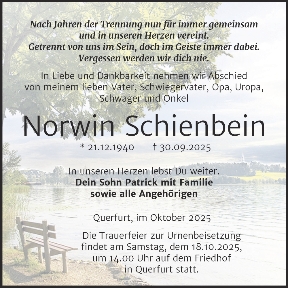  Traueranzeige für Norwin Schienbein vom 11.10.2025 aus Trauerkombi Merseburg