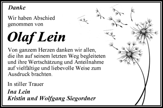 Traueranzeige von Olaf Lein von Trauerkombi Dessau
