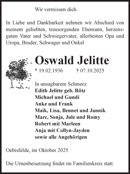 Traueranzeige von Oswald Jelitte von Volksstimme Altmark West