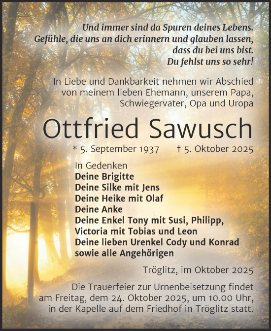 Traueranzeige von Ottfried Sawusch von Trauerkombi Zeitz