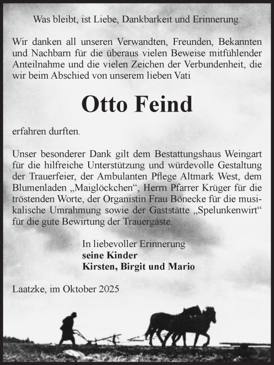 Traueranzeige von Otto Feind von Volksstimme Altmark West