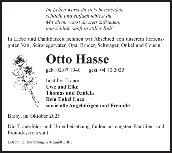 Traueranzeige von Otto Hasse von Volksstimme Schönebeck