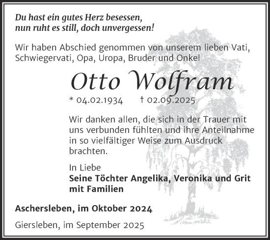 Traueranzeige von Otto Wolfram von Trauerkombi Aschersleben