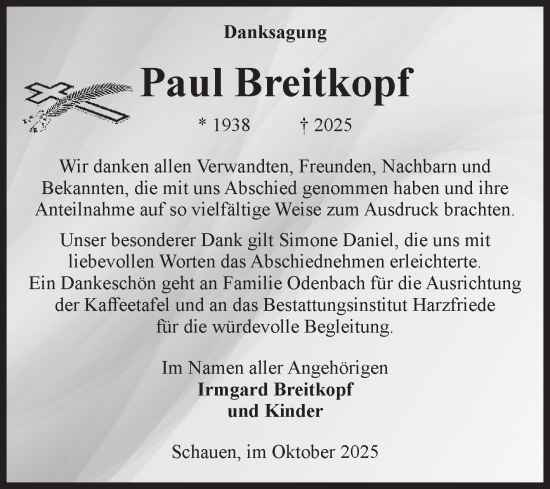 Traueranzeige von Paul Breitkopf von Volksstimme Halberstadt