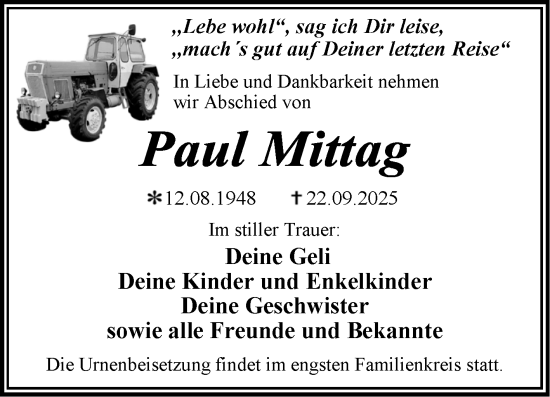 Traueranzeige von Paul Mittag von Trauerkombi Wittenberg