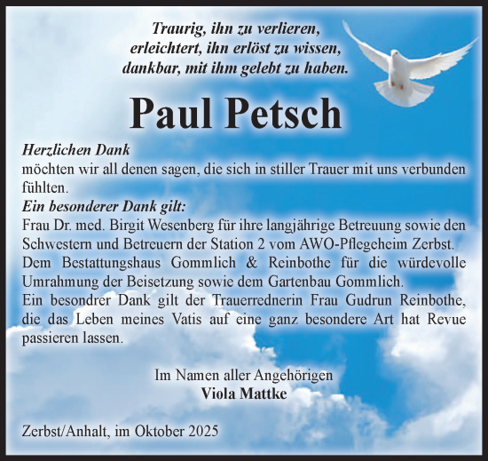 Traueranzeige von Paul Petsch von Volksstimme Zerbst