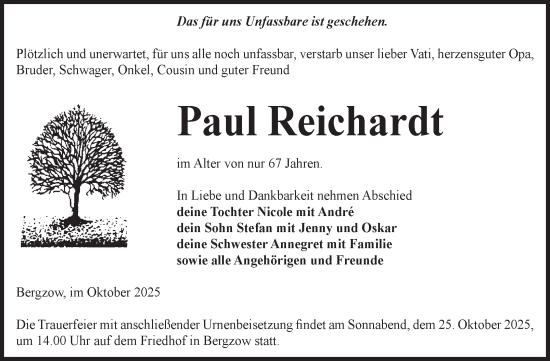 Traueranzeige von Paul Reichardt von Volksstimme Burg/Genthin