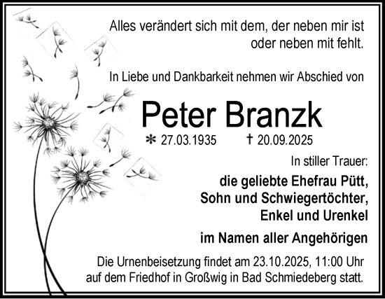 Traueranzeige von Peter Branzk von Trauerkombi Wittenberg