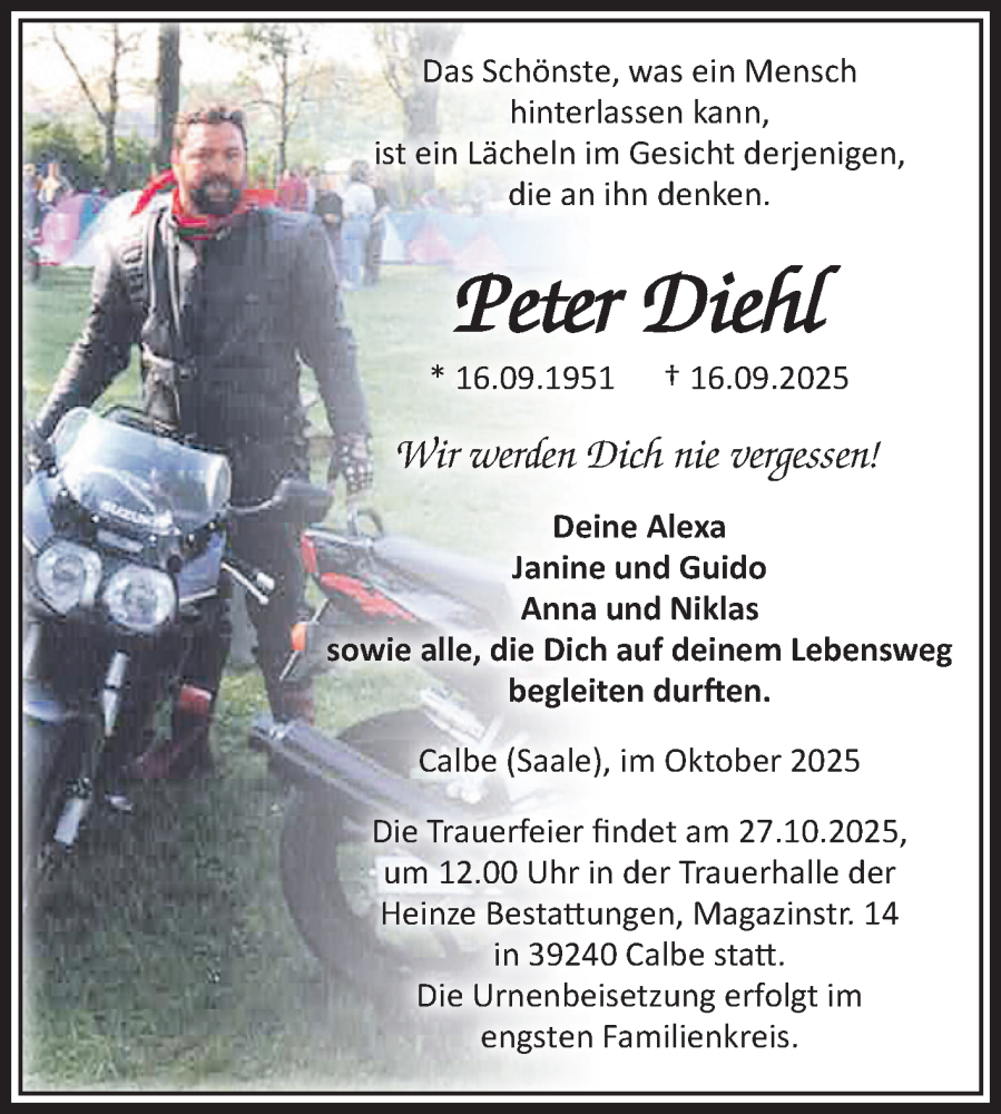  Traueranzeige für Peter Diehl vom 18.10.2025 aus Volksstimme Schönebeck
