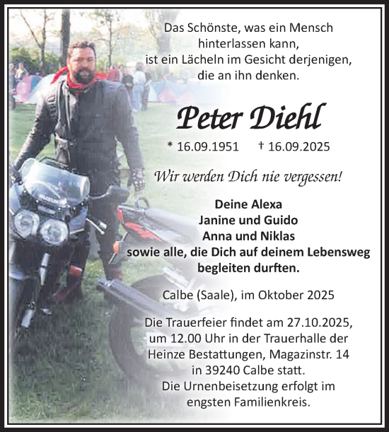 Traueranzeige von Peter Diehl von Volksstimme Schönebeck